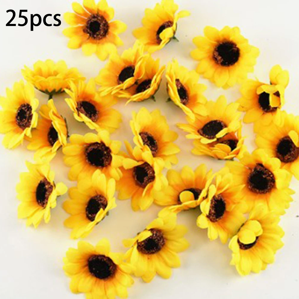 25pcs Artificial Silk Cloth Sunflower Head Simulation Fake Flower Arrangements Wedding Party Home Office Decor Crafts 7cm