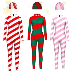 Red Candy Cane Jumpsuit Suit Pink Stripe Cosplay Costume Christmas Bodysuit Xmas Party Outfit Festival Bodysuit Couple Zentai