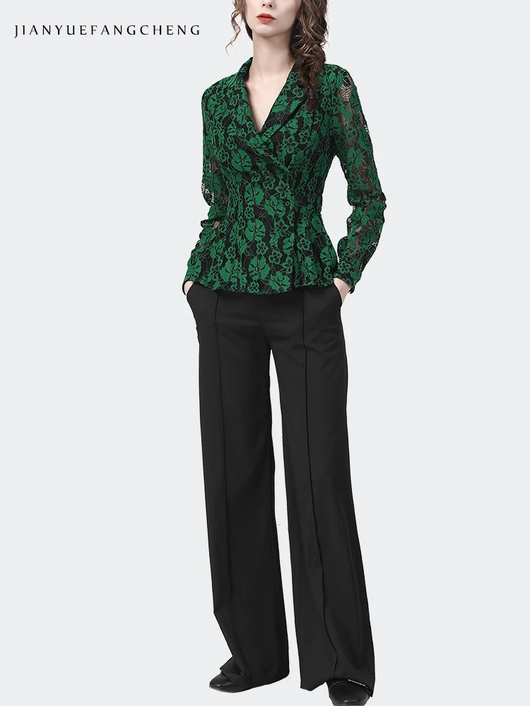 Fashion Womens Long Sleeve Suit Collar Green Lace Shirt Vintage Chic Side Placket Cinched Waist Ladies Top Casual Office Blouse