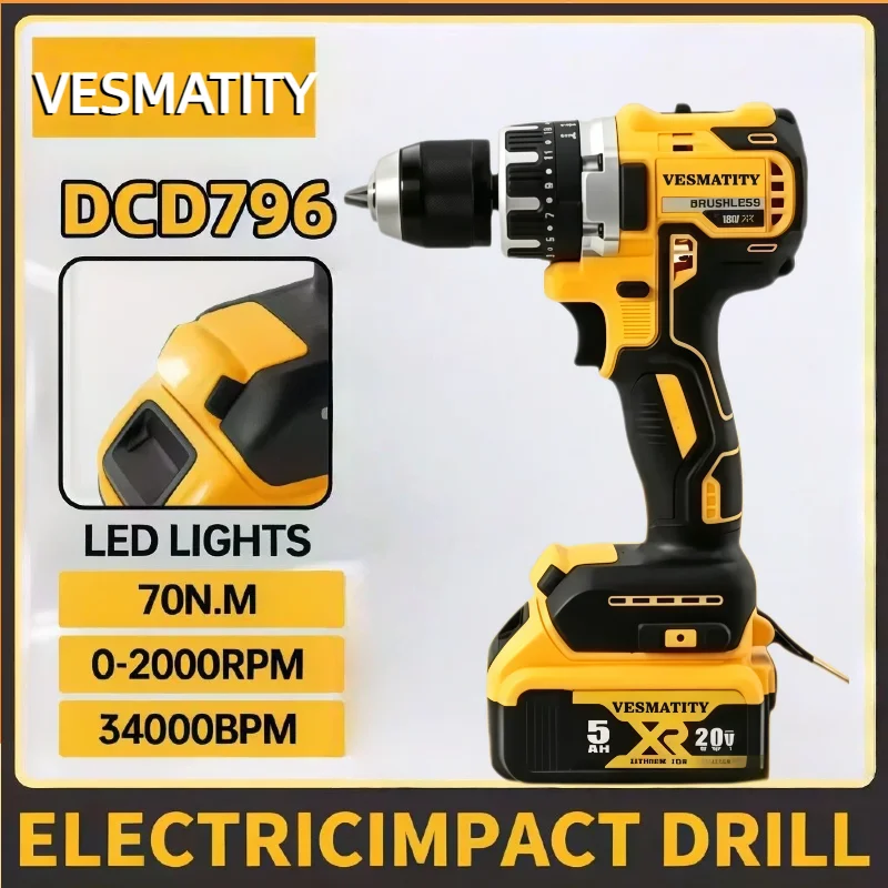 DCD796  Impact Electric Drill Multifunctional Cordless Screwdriver Rechargeable For 18V-20V Battery Power Tools