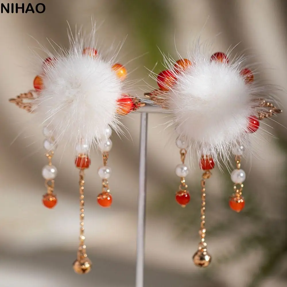 Children Hairpin Chinese New Year Hanfu Hair Clips Pearl Duckbill Clips Red Plush Ball Tassels Tang Suit Ancient Headwear