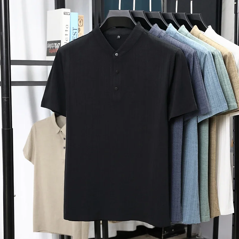 Mens Mandarin Collar Half Placket Linen Textured Short Sleeve Shirts Casual Tops Wrinkle Resistant Breathable Summer Wear view 6