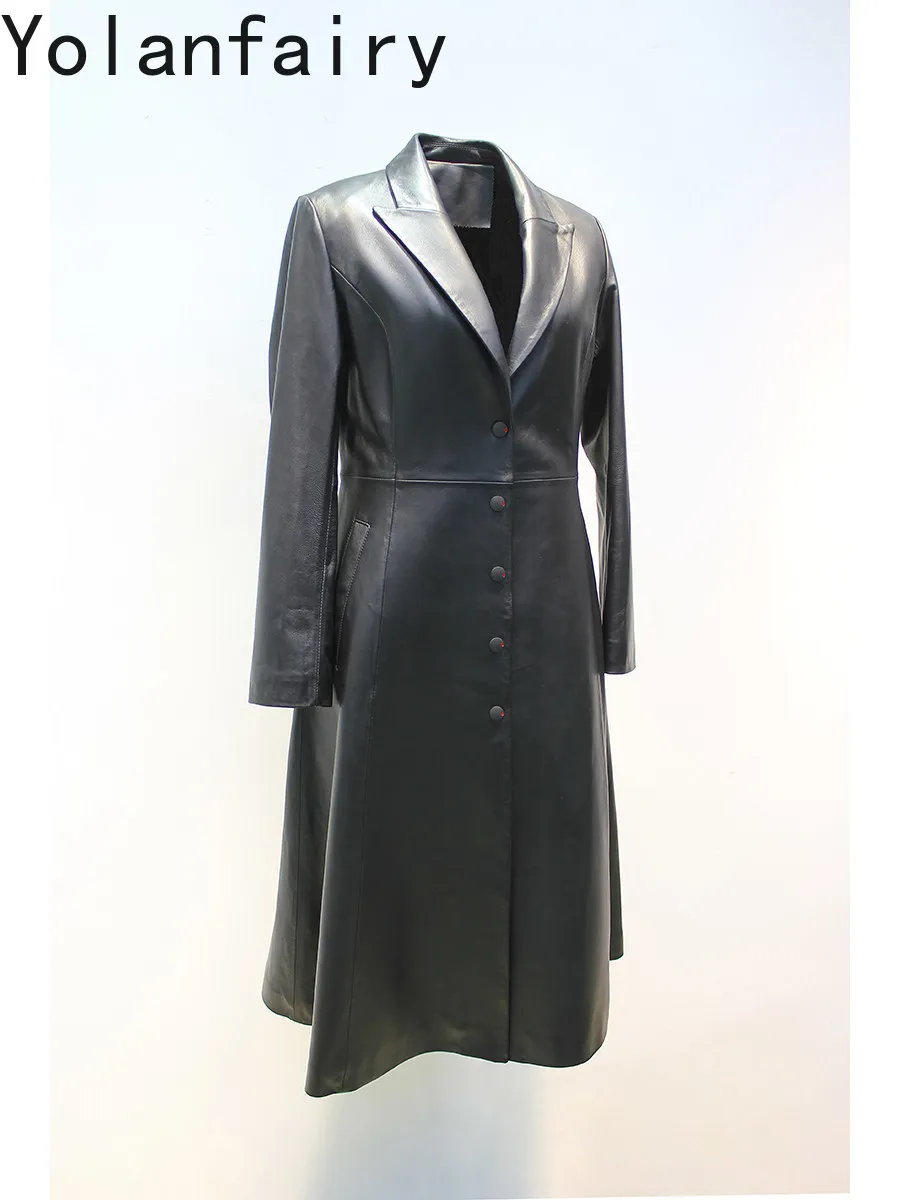 YOLANFAIRY New Genuine Sheepskin Leather Jacket Women Fashion Mid-length Real Leather Trench Coat Elegant Windbreaker Outerwear