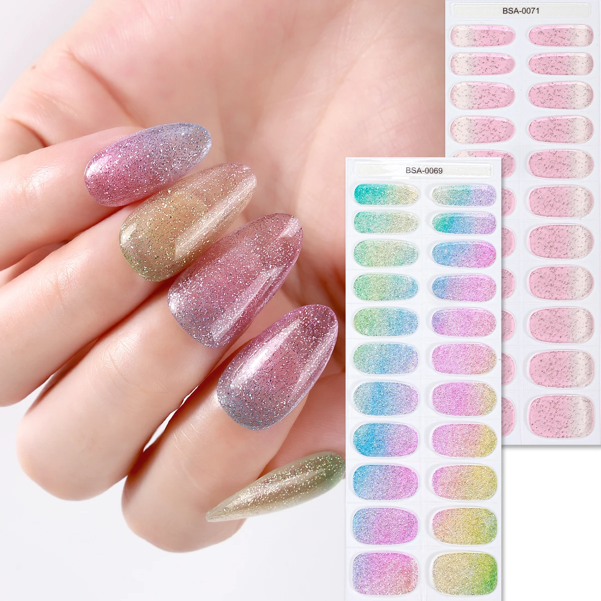 

2pcs Glitter Colorful Gel Nail Stickers Summer Shiny Pink Adhesive Nail Strips No Bake Gel Nail Wraps for Travel Party Manicure