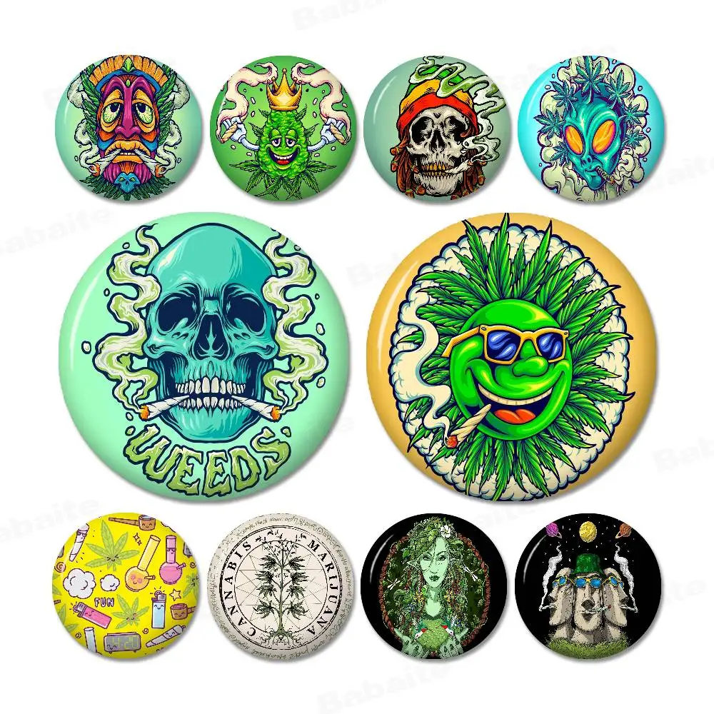 Weed Leaves Cartoon Brooches Anime Badge Round Handmade Brooch Lapel Pins Jewelry for Backpack Clothes Gifts