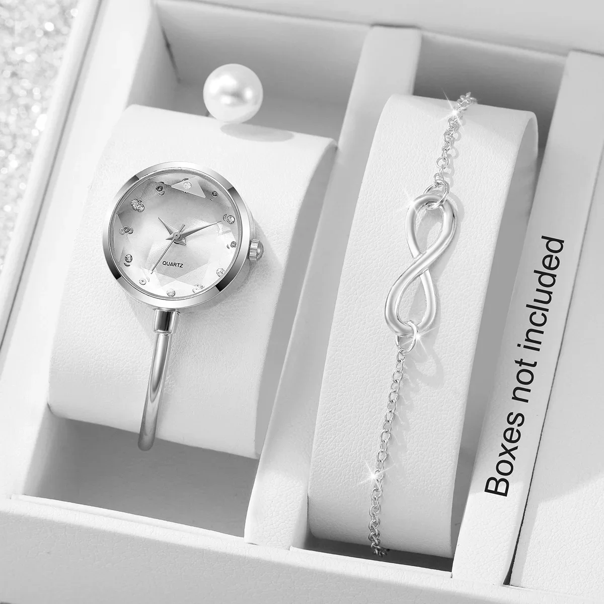2PCS Elegant Women Quartz Watch Bracelet Set Fashion Pearl Opening-cuff Bangle Girls Wristwatches