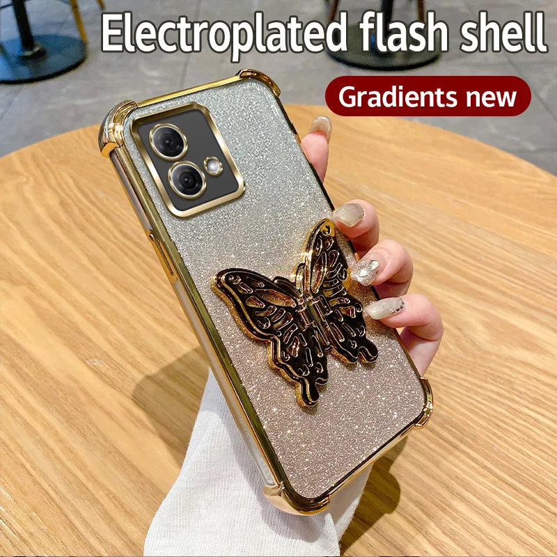 

For Motorola G84 Phone Case Sparkling Sticker Butterfly Holder Anti Drop Protection Cover For Motorola Moto G84 Coque Moto 84