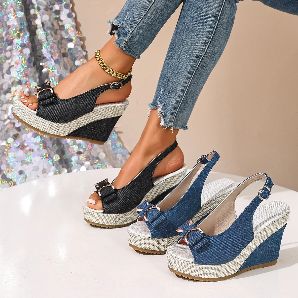 

Women Sandals Fashion Bow Knot Thick Bottom Sandals Women Back Strap Wedge Open Toe Shoes Female Office Anti-Slip Ladies Shoes