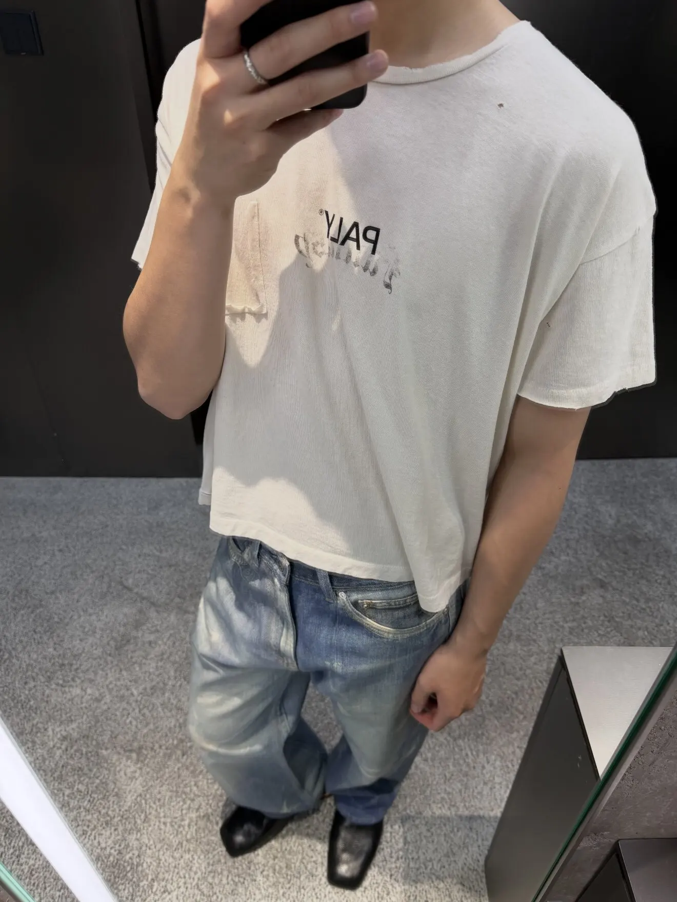 Paly Hollywood 26ss PALY Print Single Pocket Destroy Old Boxy Short Sleeve T-Shirt