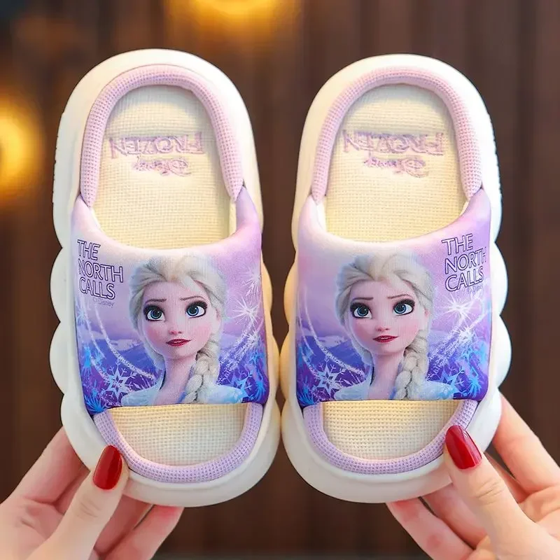 Disney Princess Elsa Home Slipper Frozen Girls\' Breathable Non-slip Thick Sole Baby Floor Slippers Sandals Peep-Toe Blue Shoes