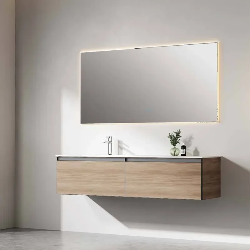 for 2024 Small Apartment Bathroom Cabinet Log Color Multi-functional Glass Door Locker with Mirror and Drawer Type Storage