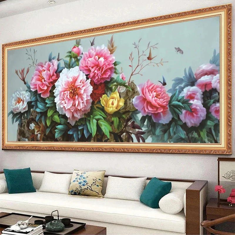Pink Peony Flowers Pattern DIY Cross Stitch Complete Kits Printed Canvas Embroidery Cotton Thread Needlework Home Decoration