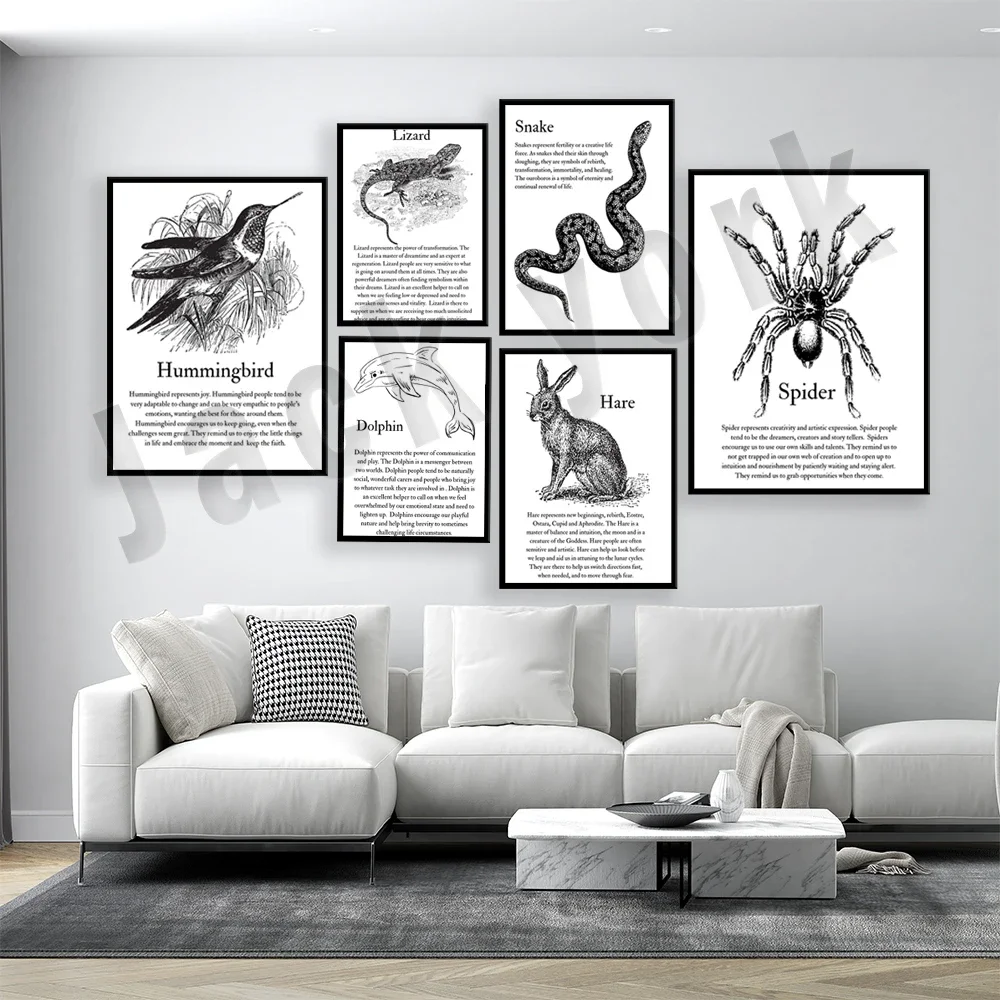 wolf, dolphin, lizard, whale, snake, hare, hummingbird, spider, crocodile, beaver, animal quotes, typography totem poster,