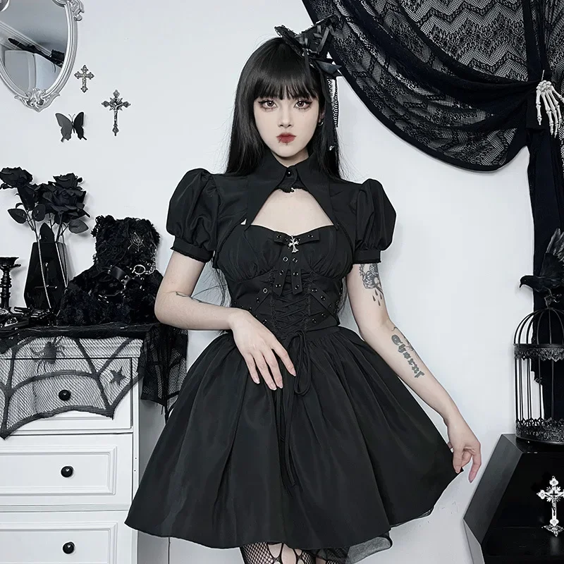 女性のためのゴシックロリータコスプレ衣装,小さな悪魔のドレス,スモックアクセサリー,完全なセット,ハロウィーンのカーニバルの衣装,大人の女の子,セクシー