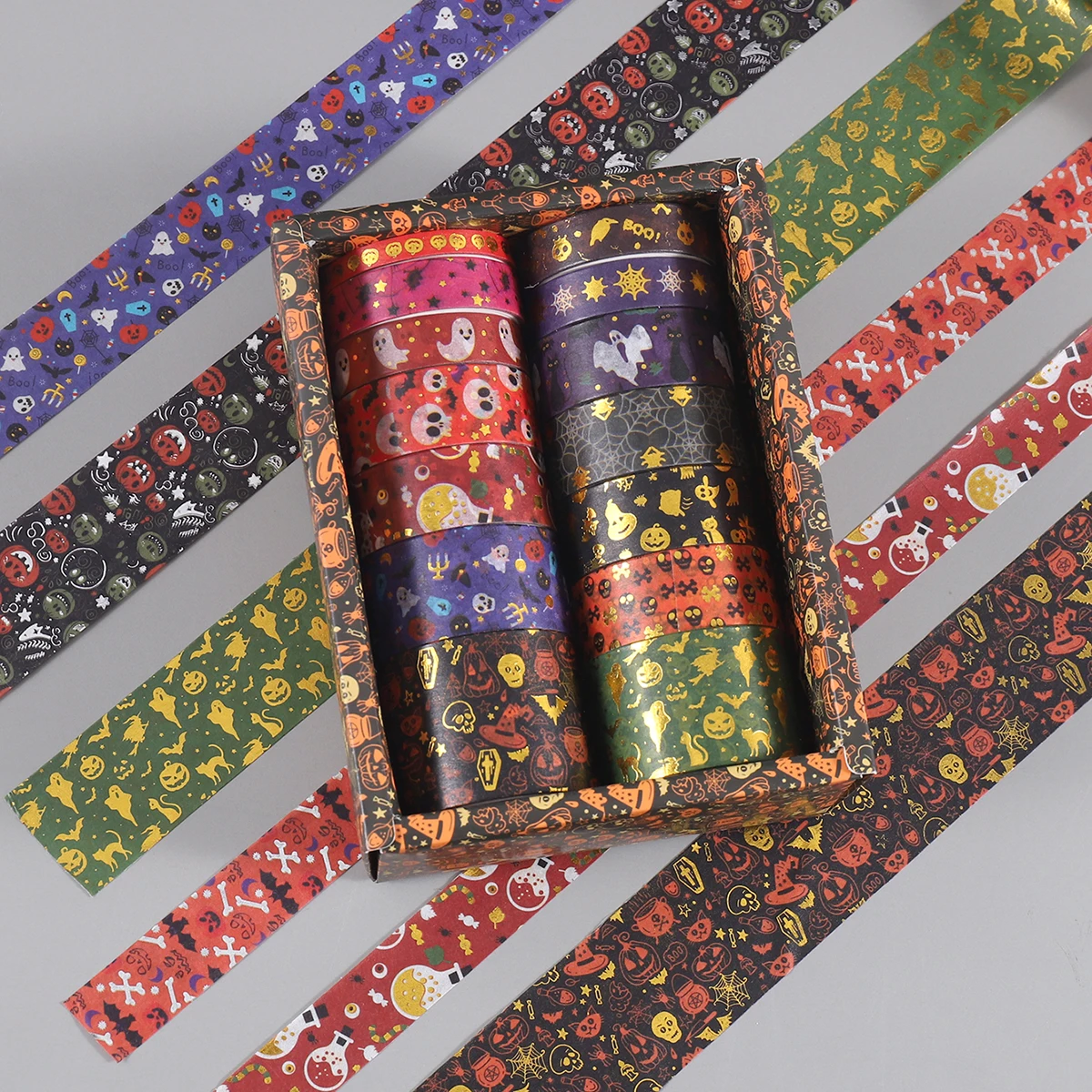 14 لفة/صندوق، شريط واشي رائع بنمط الهالوين، تصميم عملية برونزية مبتكرة، لتزيين حفلات الهالوين بنفسك #5