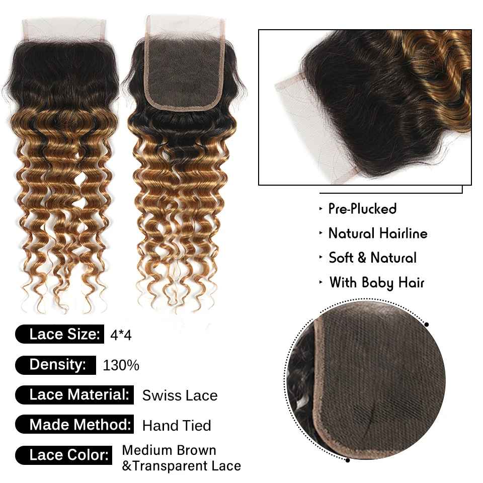 Deep Wave Human Hair Bundles with Closure Ombre Blonde Colored Hair Weave with Closure Brazilian Remy 100% Hair Extension 3PCS