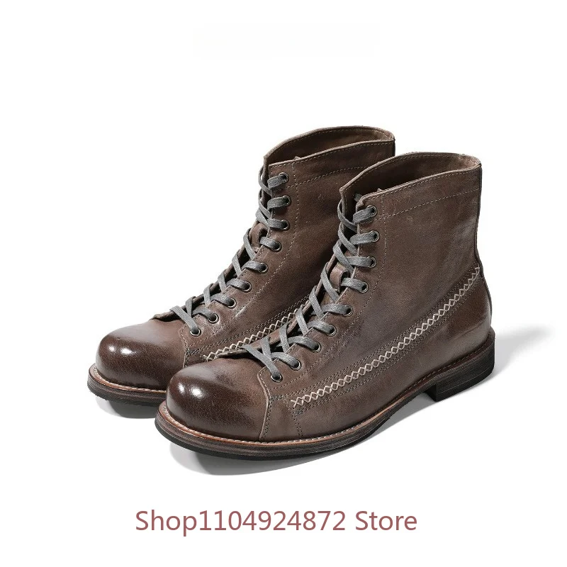Vintage High Top Work Boots Men's Handmade Lace-up Genuine Leather American Casual Outdoor Chelsea Leather Boots Male Shoes