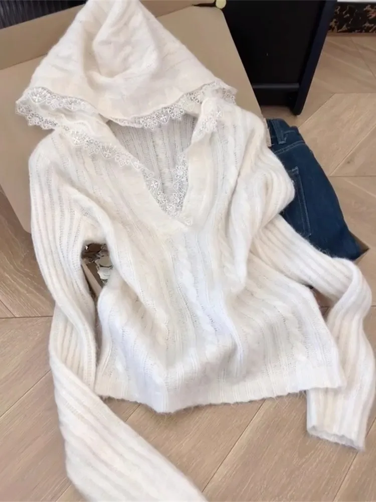 

Кружевная толстовка с капюшоном, вязаный топ, женский осенний новый тонкий свитер Lazy Sle, свободный крой, длинный све, круглый цвет Ne