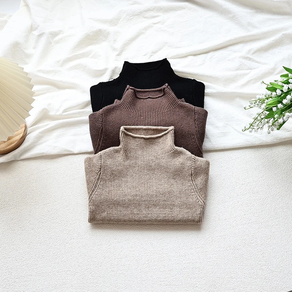 2023 neue Kinder Pullover 1-8T Einfarbig Rollkragen Jungen Stricken Pullover Herbst Winter Mädchen Baby Warme Basis tops Kinder Pullover – Detail 3