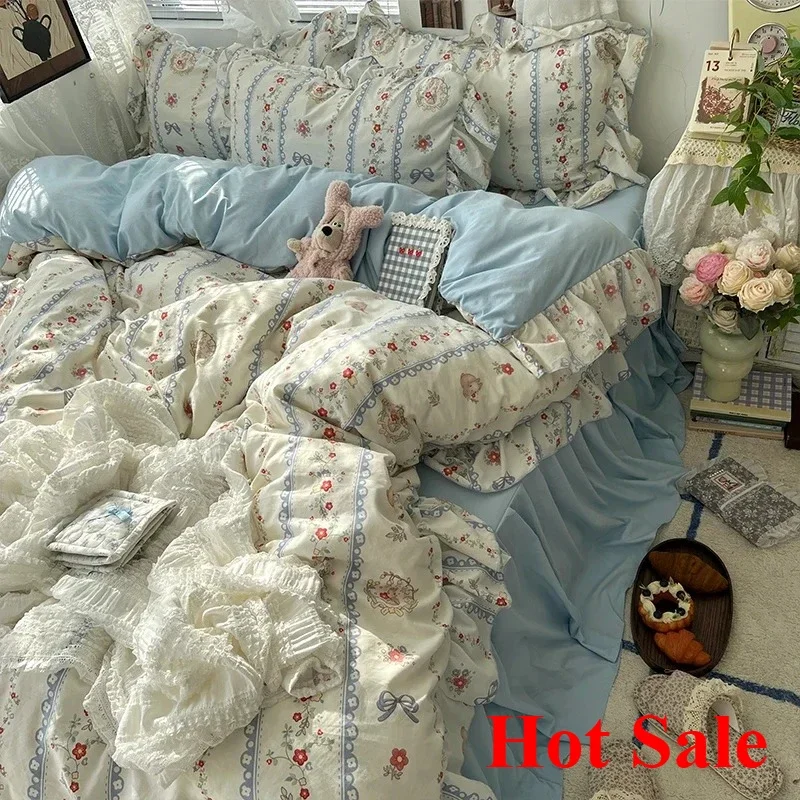 Korean Princess Style Floral Ruffles Bedding Set Skin-friendly Soft Duvet Cover Set Bed Sheet Or Bed Skirt Pillowcases