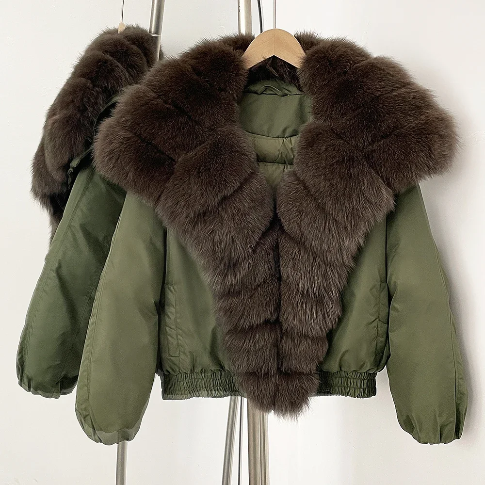 Elegant White Goose Down Jacket Loose New Real Fox Fur Collar Autumn Winter Women Natural Fur Down Coat Warm Belt Puffer Jacket