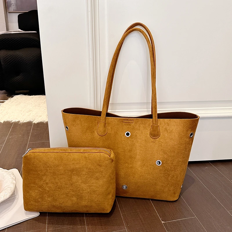 2 Sets Casual Tote Bags Suede Leather Shoulder Bags for Women Fashion Female Travel Bag Designer Luxury Lady Underarm Bag Brand