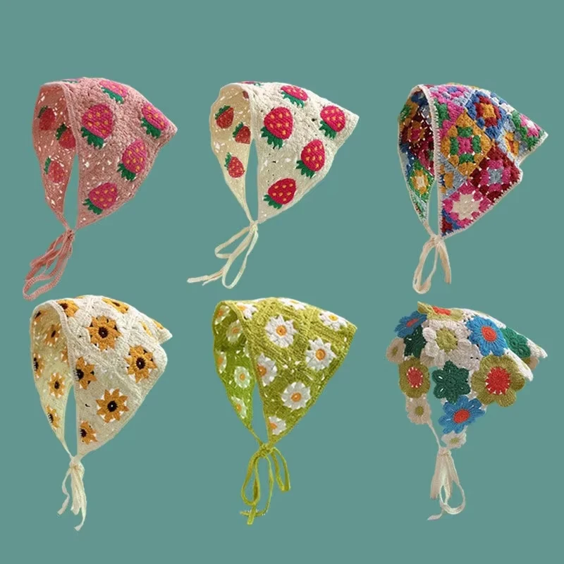 Flower Headscarf Hair Accessories Korean Sweet Cute Handmade Crochet Hollow Triangle Headband Towel For Women Girls