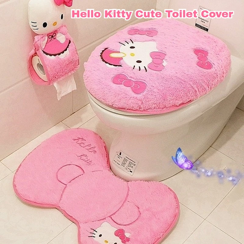 

Зимний Hello Kitty мультфильм Sanlio плюшевый теплый клейкий чехол для унитаза, чехол для унитаза, кавайный напольный коврик, чехол для рулонной бумаги