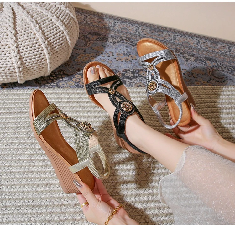 

Женские сандалии с бриллиантами, пляжные повседневные сандалии, летние формальные сандалии на толстой подошве и наклонном каблуке