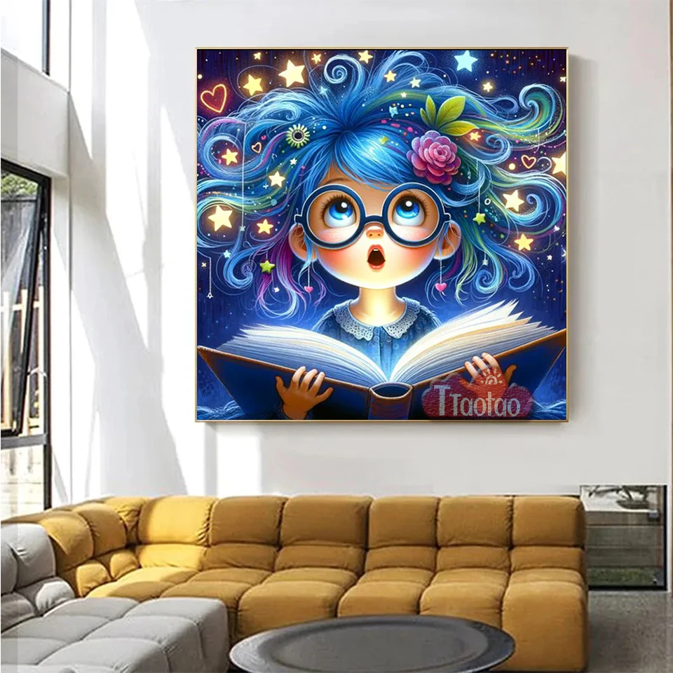 Cartoon Diamond Painting 5D DIY Cute Girl Reading Books Full Square Round Mosaic Rhinestone Embroidery Home Art Decor Poster