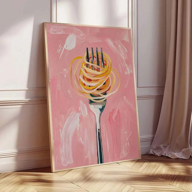 Fork Twirls the Spaghetti – Pink Abstract Food Artwork Frameless Canvas Poster for Kitchen Dining Room Wall Decor