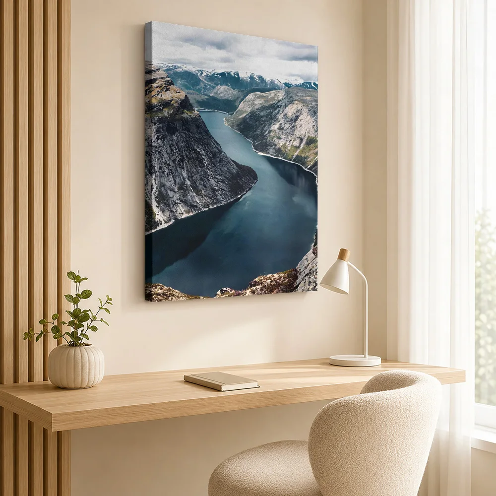 Fjord Mountain Lake Landscape Framed Canvas Print Personalized Photo Detailed Realistic Composition Wall Art For Sitting Room