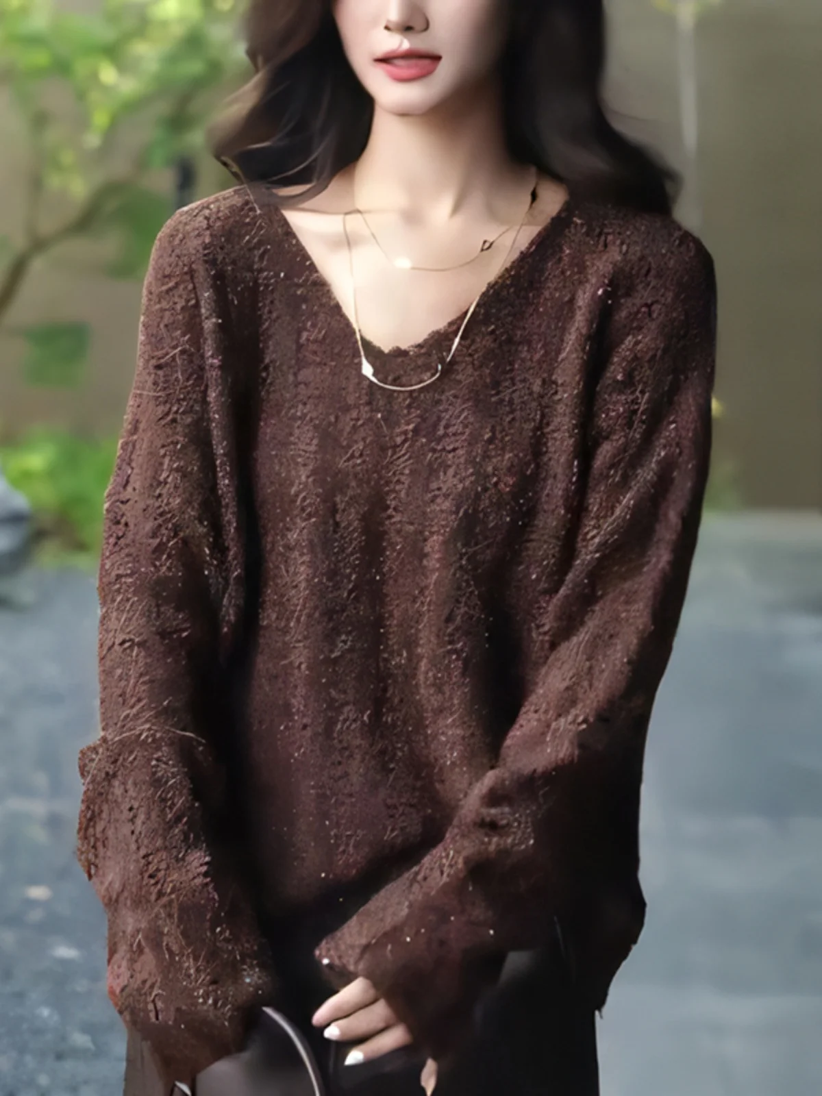 

Модный корейский вязаный свитер Ele Coffee свободного кроя, осенняя новинка, женский стильный свитер для повседневной носки, с длинными рукавами