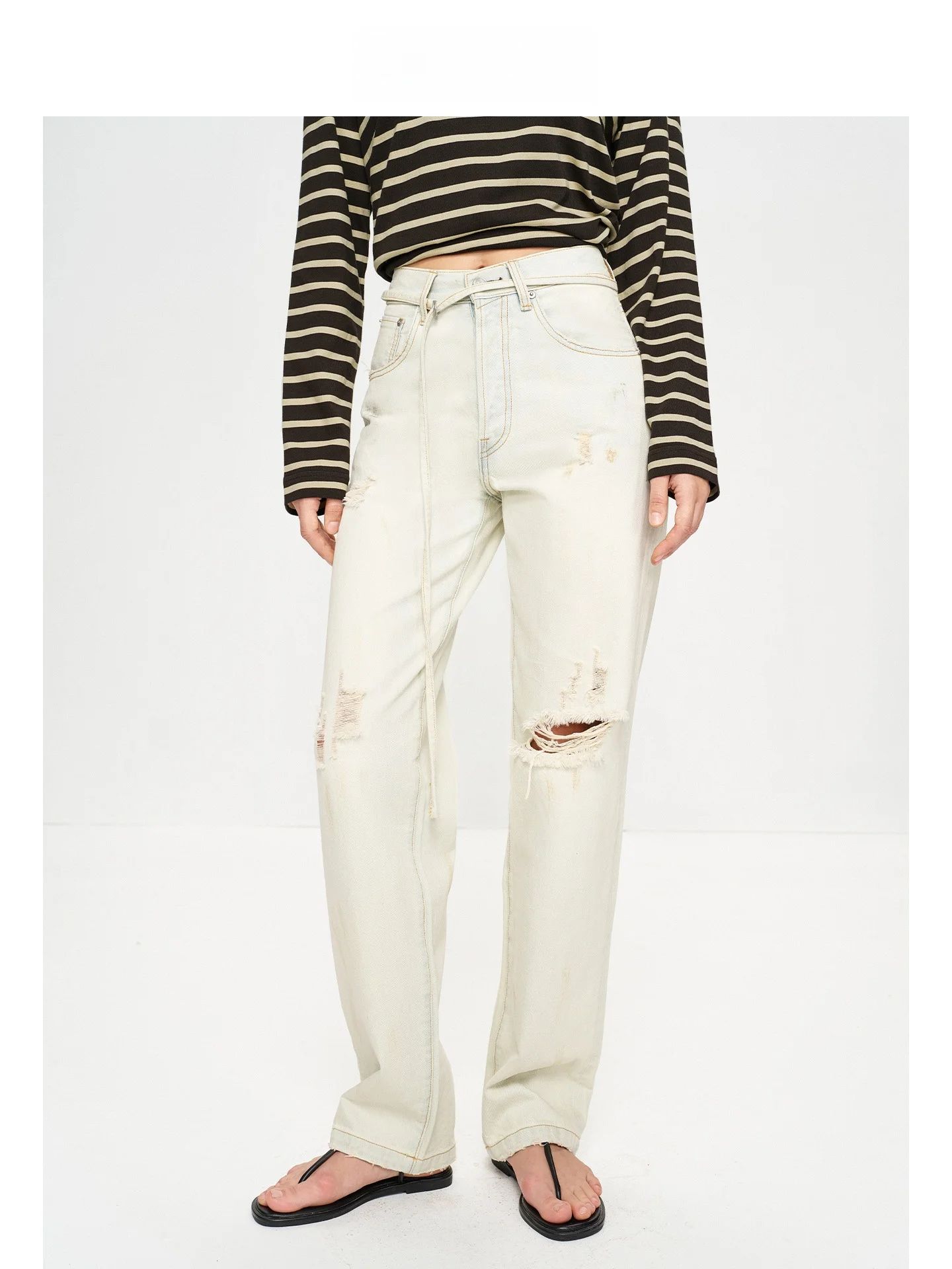 

Джинсы Mincollection с высокой талией, прямые, повседневные, из хлопка, рваные, винтажные, светло-голубые