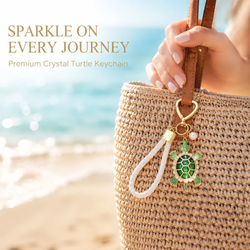 Green Crystal Turtle Keychain with Pearl Braided Rope Shiny Bag Charm Pendant for Beach Daily Travel Gift Keychain Accessories