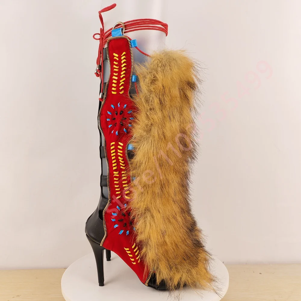 

2026 коричневые ботинки на шпильке с меховым ремешком, повседневные сандалии-гладиаторы на меху, осенние сексуальные женские подиумные ботинки до середины икры в стиле ретро