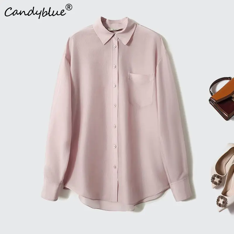 Pink Transparent French Elegant Chic Single Breasted Women's Blouse Shirt Turn-down Collar Long Sleeve Loose Female Blouses Tops