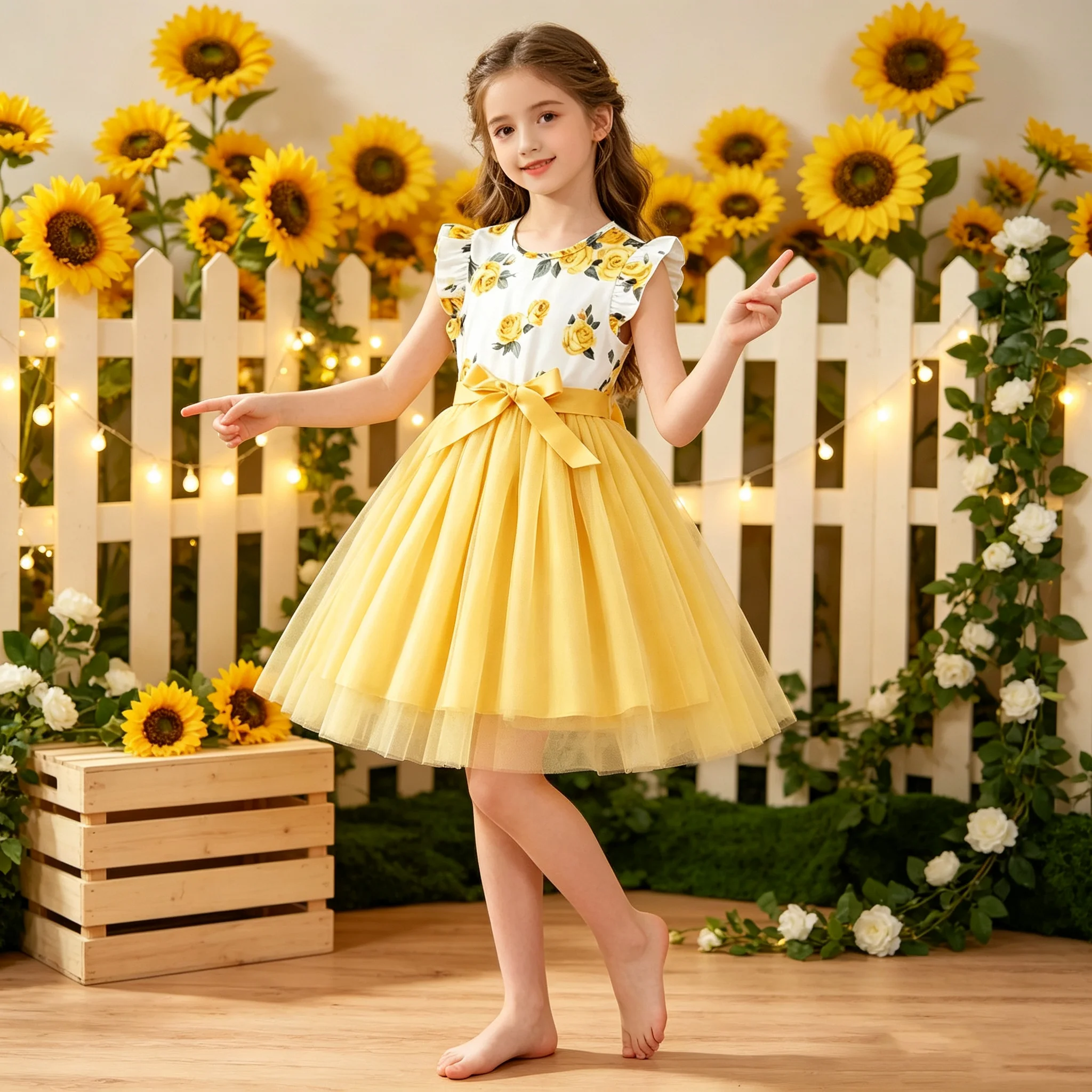 Girls round Neck Dress Ruffle Edge Waist Strap Flower Print Mesh Mid-Length Skirt Children's Fashion Clothing