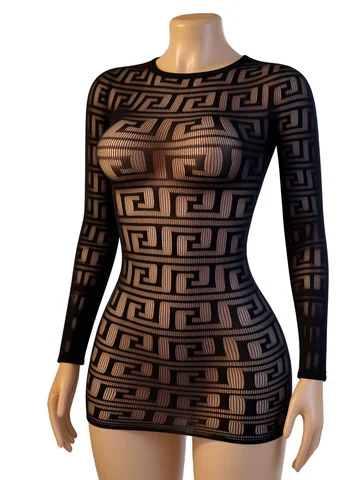 Women Long‑Sleeve Sheer Mesh Mini Dress, Geometric Print for Romantic Nights (One Size Fits 88‑132lbs)