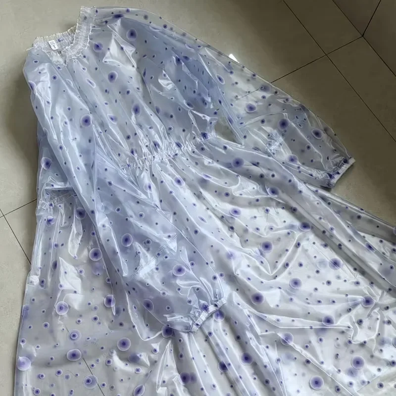 60-90kg Transparent PVC Sexy Lace Round Neck Long Sleeved Dresses Polka Dot Plastic Nightgown Soft Silent Waterproof Loose Dress