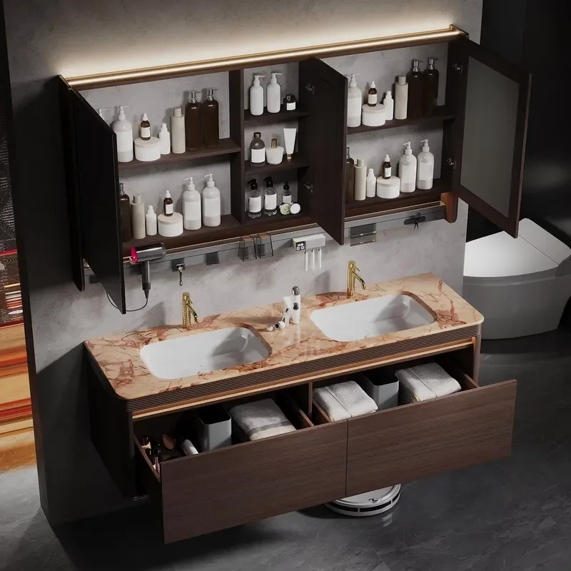 Natural Wood Floating Bathroom Vanity Cabinet with Sink Integrated Sintered Stone Top Smart LED Mirror Double Vanity