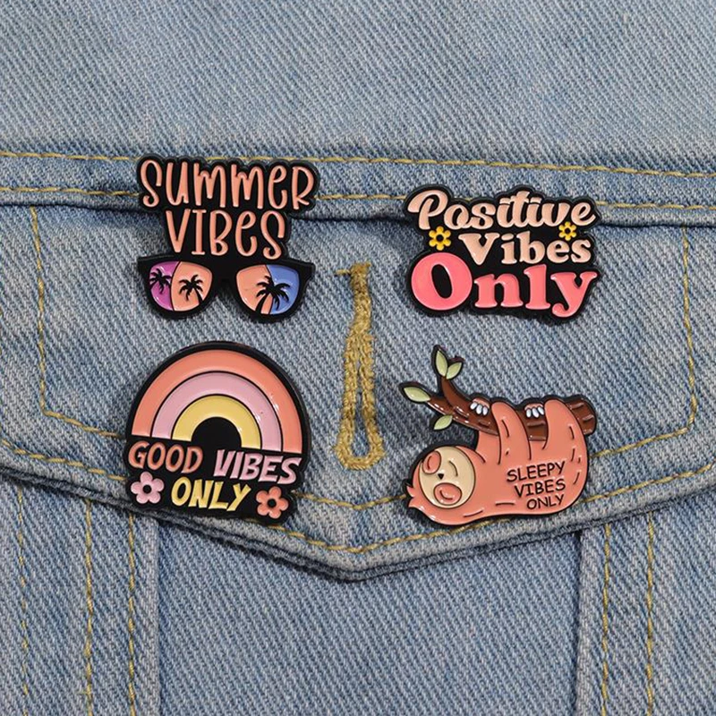 Cute Sloth Enamel Pins Custom Positive Vibes Only SUMMER VIBES Brooches Lapel Badges Animal Jewelry Gift for Kids Friends