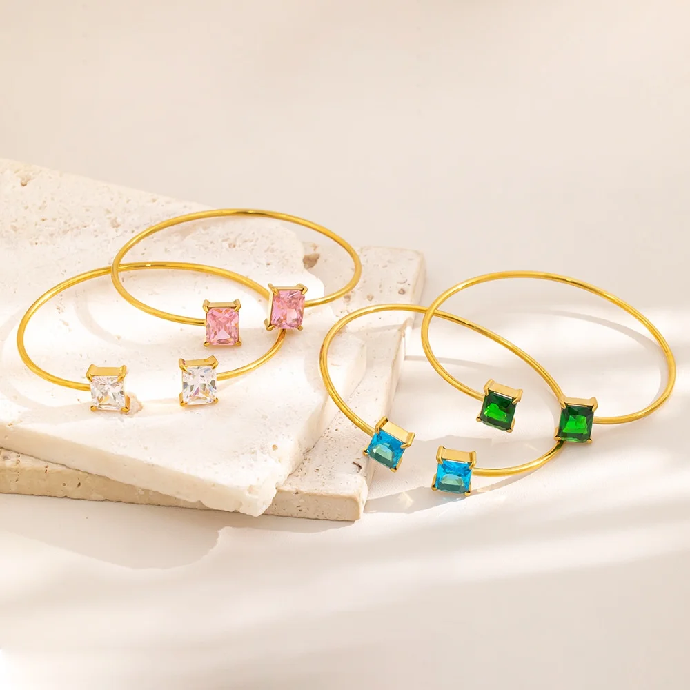 

Wholesale 3/5pc Stainless Steel Square Gemstone Open Cuff Bracelets Blue/Pink/Green CZ C Shape Thin Bangles Non-fading Jewelry