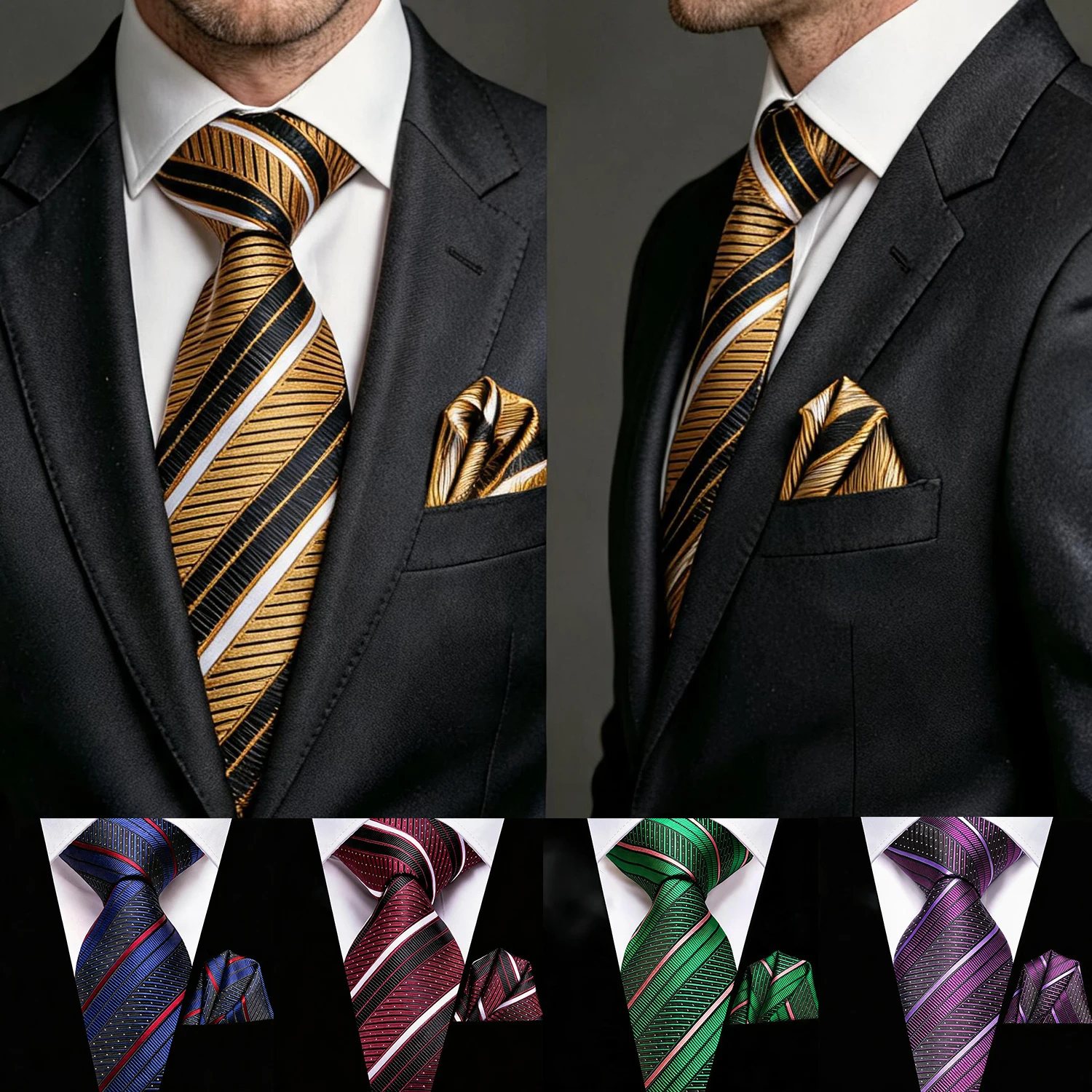 2Pcs Striped Necktie Matching Pocket Square Red/Blue/Green/Purple Men Elegant Accessory Formal Party Daily Suit Wear