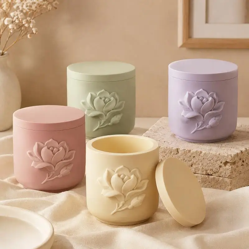 Relief-Rosenblüten-Kerzenhalter-Silikonform DIY Nordische Heimdekoration Magnolien-Lilien-Blumentopf Gips-Harz-Aufbewahrungsbox Bastelformen – Detail 2