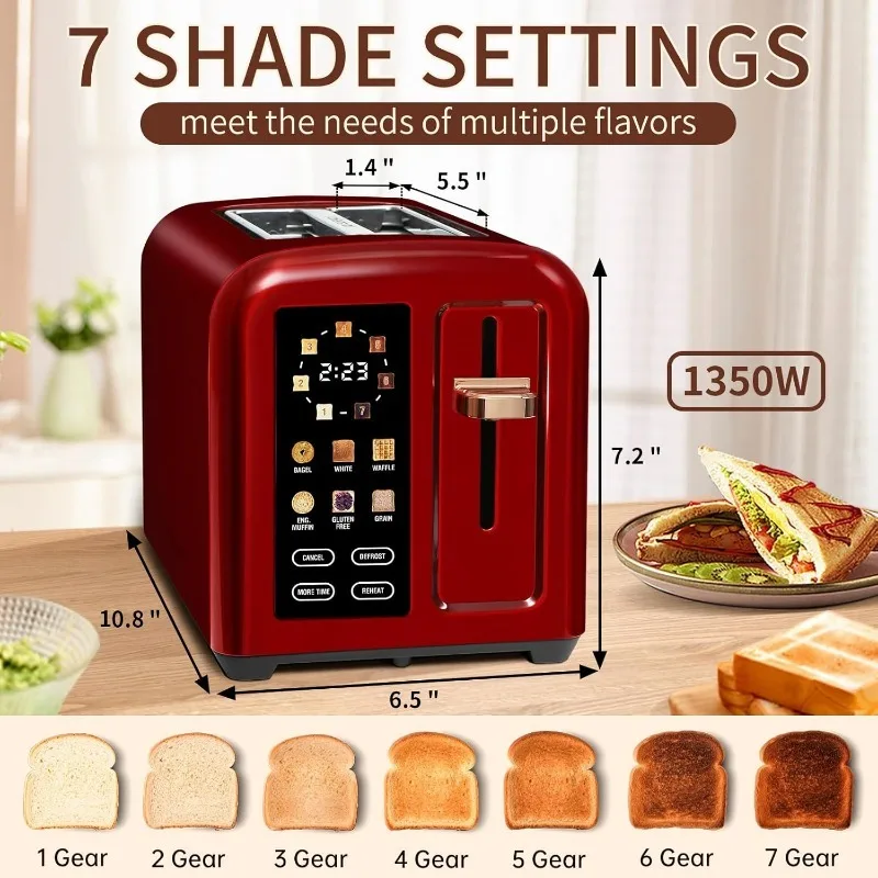 2 Slice Touch Control Stainless Toaster LCD Display,1.4'' Wide Slots,More Timer Functions,Removable Crumb Tray,1350W,Dark Cherry