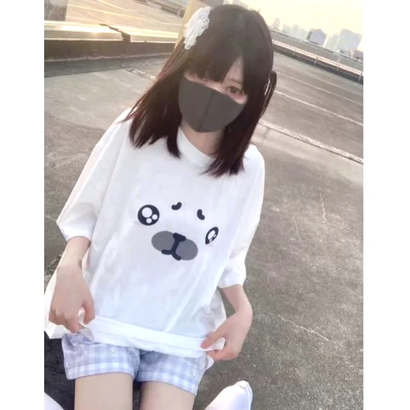 Japanese White Sweet T-shirt Kawaii Cartoon Seal Printed Tshirts Preppy Cute Casual Tees Fashion Harajuku Girls Fashion Y2k Tops