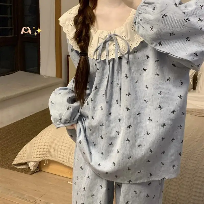 

Hot Grid Leisure Wear Spring and Autumn Seasons Long Sleeves Pants Cloud Cotton Princess Style Homewear Two-Piece Set Dopamine