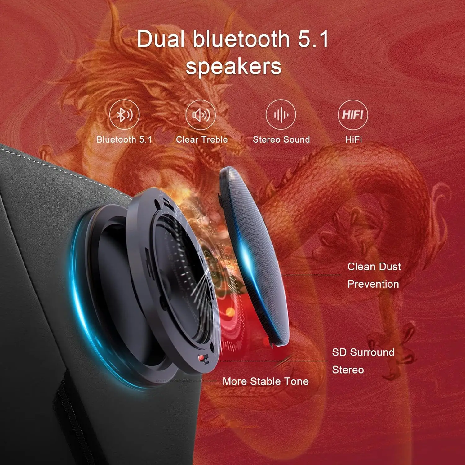 Cadeira de jogos com alto-falantes Bluetooth e apoio para os pés, cadeira de videogame da série Dragon, cadeira ergonômica resistente