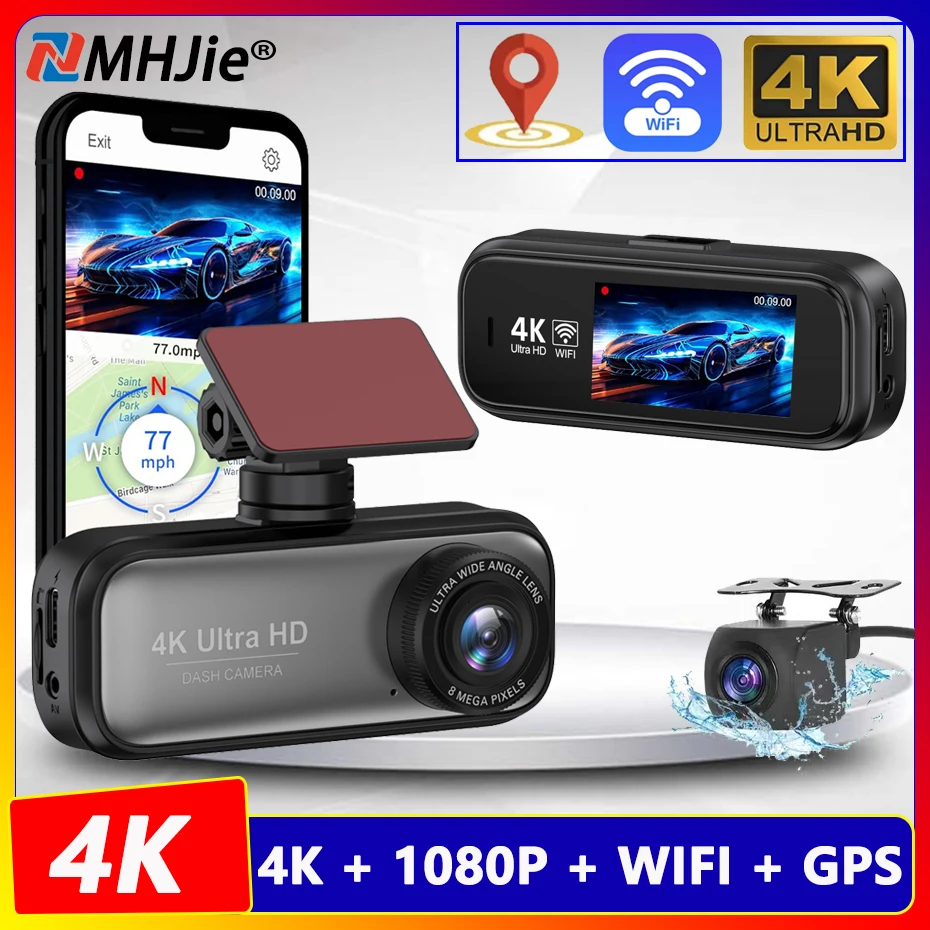 

Видеорегистратор 4K с двумя камерами (фронтальная и задняя), Wi-Fi, GPS, WDR, ночным видением, режимом парковки 24 часа, функцией черного ящика